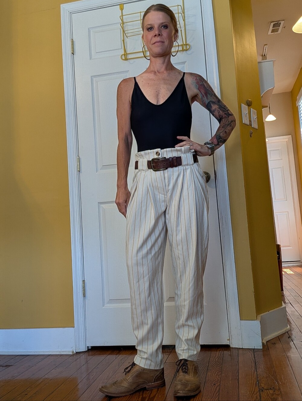 Free People Oversized Slouchy Pinstripe Paper Bag Waist Pants Trousers 2 Preppy